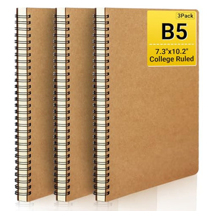 EUSOAR Spiral Notebook, B5 3 Pack 7.3"x10.2" 120 Pages Hardcover Kraft Lined College Ruled Travel Writing Notebooks Journal, Memo Notepad Sketchbook, Students Office Business Subject Diary Journal - color: Kraft, size: 3Packs