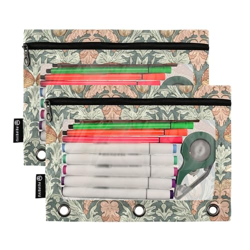 Fustylead Sage Green Mushroom Floral Binder Pencil Pouch for 3 Ring, Pencil Pouches Bags with Zipper Clear Window for School Office Cosmetic Supplies, 2 Pack - color: Mushroom