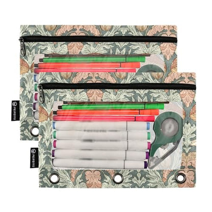 Fustylead Sage Green Mushroom Floral Binder Pencil Pouch for 3 Ring, Pencil Pouches Bags with Zipper Clear Window for School Office Cosmetic Supplies, 2 Pack - color: Mushroom