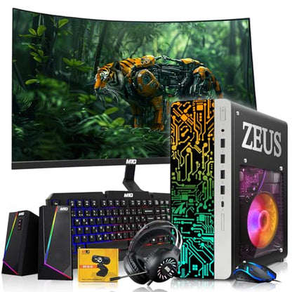 TechMagnet Zeus Pro 8 Gaming Desktop PC, Intel i5, GT 1030, 8GB ARGB RAM, 1TB SSD+4TB HDD, 27 Inch Curved Monitor, RGB Keyboard Mouse, Speaker, Headphone, USB WiFi BT, Webcam, Win 11 (Renewed) - color: 27 Inch, size: 1TB SSD / 4TB HDD