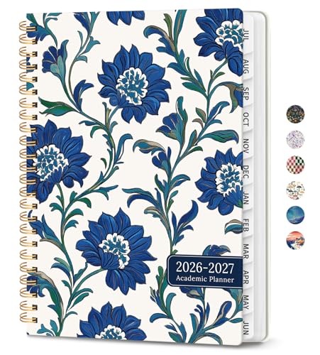 Planner 2026-2027, Academic Planner Weekly and Monthly, Jul 2026 - Jun 2027, Spiral Bound School Planning Tool with Tabs and Pocket, Perfect for Students & Teacher, 6.3" x 8.5", Cobalt Florals - color: E-Cobalt Florals, size: 6.3"x8.5" (A5)