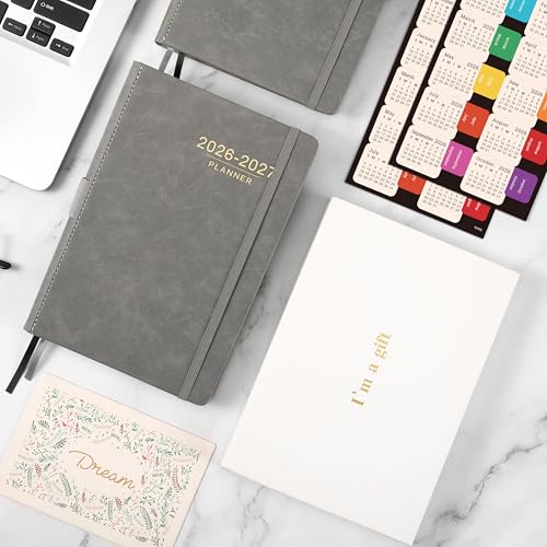 2026-2027 Planner - Weekly Monthly Calendar from July 2026 - June 2027, 5.85‘' x 8.5'' Agenda 2026-2027 with Leather Cover, Pen Holder, Elastic Closure, Ruled pages - color: Grey