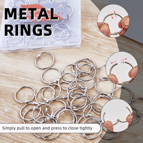 NEEWAY 80pcs Loose Leaf Binder Rings 1 Inch, Paper Rings with 1/4 Single Hole Punch, Metal Book Rings for Index Cards, Sliver