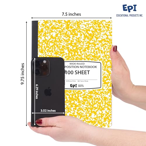 48 Pack - EPI Wide Ruled Marble Composition Notebook - Yellow 200 Page Note Book - 9.75 x 7.5 Inch Hardcover Journal with Sewn Binding for Secure Pages - Classroom Back to School Supplies - color: Yellow, size: 48