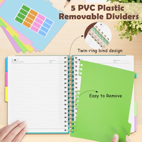 QIYVLOS Hardcover Spiral Notebook, B5 Journal with Removable Dividers Tabs, 5 Subject Notebook College Ruled, 320 Pages 8"x10" Leather Notebooks for Work School Study, Lined Journal for Women, Cyan - color: B5/Cyan