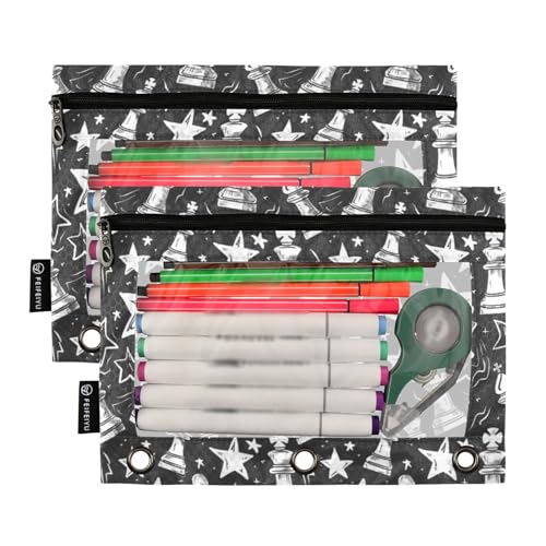 Binder Pencil Pouches Chess Pieces and Stars Pen Case | Clear Window 3 Rings, Cosmetic Bags School Office Supplies Cosmetic Makeup Bag 2 Psc - color: Chess Pieces and Stars