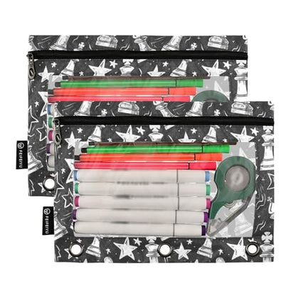 Binder Pencil Pouches Chess Pieces and Stars Pen Case | Clear Window 3 Rings, Cosmetic Bags School Office Supplies Cosmetic Makeup Bag 2 Psc - color: Chess Pieces and Stars