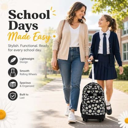 AGSDON Rolling Backpack for Girls, Women Roller Wheels Bookbag, Laptop Daisy Wheeled School Bag with Wheels for Teens - color: Daisy Black