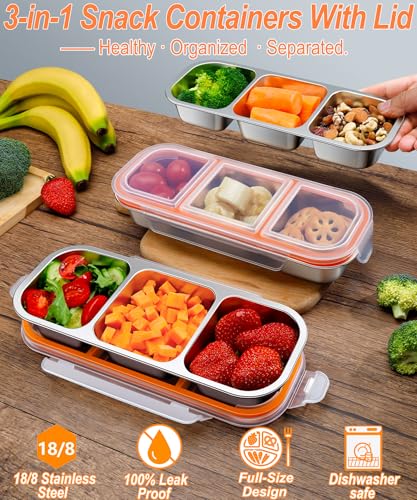 KTKUDY 5 Pack Stainless Steel Snack Containers for Kids & Adults - Large - Leak-Proof 3-Compartment Stackable Snack Lunch Boxes for School, Work & Travel - size: 5 Pack-3 Sections