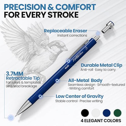 WUO 8PCS Mechanical Pencil Set with Case, 0.5 & 0.7mm Metal Drafting Pencils with Eraser Pen, 480 HB Lead Refills, 3 Erasers, 11 Eraser Refills, Artist Pencils for Writing, Drawing, Sketching