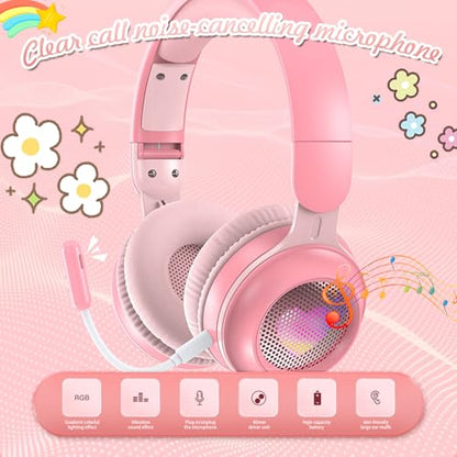 Kids Bluetooth Cat Ear Headphones LED Light, Noise Cancelling, Pink | Delight your child with these stylish LED cat ear headphones premium noise cancellation, built-in mic, and wireless ease. - color: Rabbit Pink