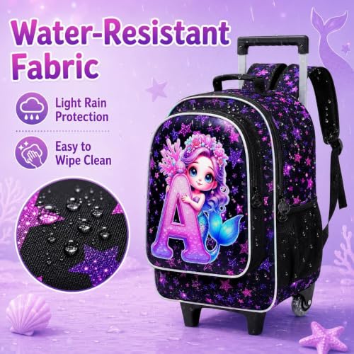 CCJPX 18" Mermaid Rolling Backpack for Girls, 3Pcs Kids Wheeled Bookbag with Lunch Box, Lightweight Roller School Bag for Elementary Preschool (Black) - color: A-star Mermaid