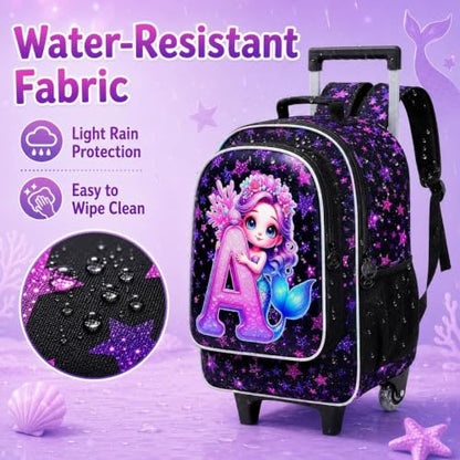 CCJPX 18" Mermaid Rolling Backpack for Girls, 3Pcs Kids Wheeled Bookbag with Lunch Box, Lightweight Roller School Bag for Elementary Preschool (Black) - color: A-star Mermaid
