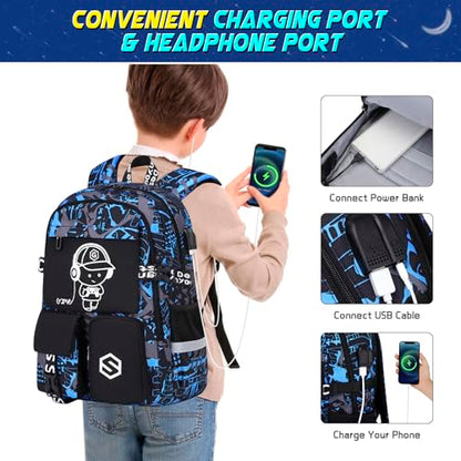 Scothen Boys Backpack, Cool Luminous School Backpacks for Boys with Lunch Bag Pencil Case, Kids Backpack Kindergarten Elementary Middle School Book Bags for Teen Boy Children with USB Charging Port - color: Blue Musicer
