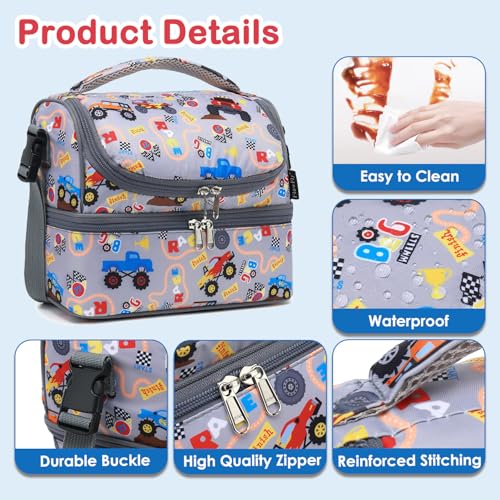 FlowFly Double Decker Cooler Insulated Lunch Bag Large Tote for Boys, Girls, Men, Women, With Adjustable Strap (Truck) - color: Truck