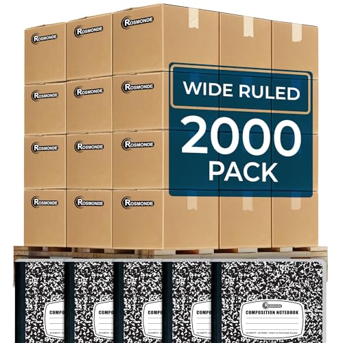 Rosmonde 2000 Pack (Pallet) Composition Notebooks Bulk, Wide Ruled, Full Pallet of Notebooks, 200 Pages (100 Sheets), 9-3/4 x 7-1/2, Bulk Notebooks for School, Bulk Office Notebooks, 4-7 Days Transit - size: 2000 Pack, style: Black Marble