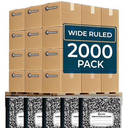 Rosmonde 2000 Pack Composition Notebooks Bulk, Wide Ruled, Black Marble | Full Pallet of Notebooks, 200 Pages/100 Sheets, 9-3/4 x 7-1/2, Bulk Notebooks for School, College & Office, 4-7 Days Transit - size: 2000 Pack, style: Black Marble