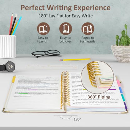 Hardcover Spiral Notebook Journal with Removable PVC Dividers - 8'' x 10'' Large 300 Page B5 Hardcover Leather College Lined Journals Notebook for Work Note Taking Office Home School Supplies, White - color: white