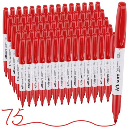 Red Permanent Markers Bulk, 75 Count, Quick Drying and Fade Resistant, Fine Point Marker works on Paper, Plastic, Metal, Wood, Perfect for Classroom, Home, Office - size: 1 Count (Pack of 75)