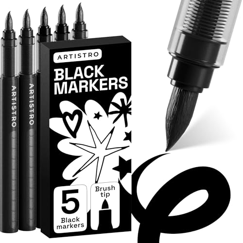 ARTISTRO 5 Black Paint Pen for Rock, Glass, Ceramic, Wood, Tire, Fabric, Metal, Canvas, Marking, Painting - Set of 5 Acrylic Paint Markers Water-based - Brush Tip with Automatic Ink Control System - color: Black, style: Brush Tip