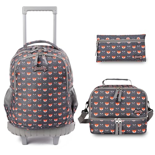 seastig Rolling Backpack 18in Double Handle Backpack Kids Wheeled Backpack Roller Backpack with Lunch Bag Set Girls Boys - color: Little Fox