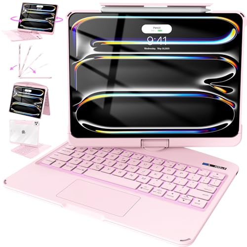 Intermerge for iPad Pro 13(M5,2025/ M4,2024) Case with Keyboard Clear,360° Rotatable Multi-Touch Trackpad,7-Color Backlit Magnetic Keyboard Case with Pencil Holder and Type-C Charging - Pink