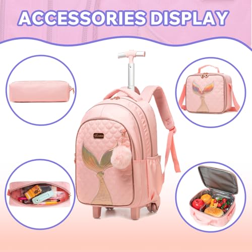 Kids Rolling Backpack for Girls Trolley Suitcases Luggage Travel with Wheels Bookbag Wheeled 17" 3PCS Roller Backpacks Toddler Back Pack School Bags Set for Elementary Mermaids Pink - color: 5225-yuweiba-pink