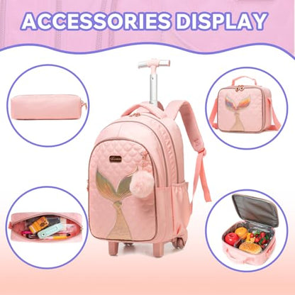 Kids Rolling Backpack for Girls Trolley Suitcases Luggage Travel with Wheels Bookbag Wheeled 17" 3PCS Roller Backpacks Toddler Back Pack School Bags Set for Elementary Mermaids Pink - color: 5225-yuweiba-pink