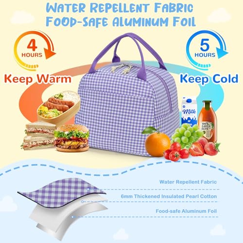 CAMTOP Lunch Box Kids Insulated Lunch Bag Large Reusable Leakproof Cooler Lunch Bags for Boys Girls School Travel Picnic (Purple and White Checkered) - color: Purple and White Checkered