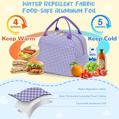 CAMTOP Lunch Box Kids Insulated Lunch Bag Large Reusable Leakproof Cooler Lunch Bags for Boys Girls School Travel Picnic (Purple and White Checkered) - color: Purple and White Checkered