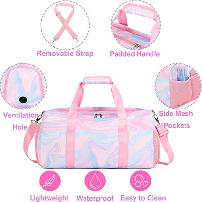 Jumpopack Dance Bag Girls Duffle Bags Teen Sports Gym Bag Weekender Sleepover Overnight Bags with Shoe Compartment and Wet Pocket - color: Marble Pink