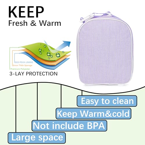 MT WORLD Personalized Lunch Bag Tote Custom Embroidery Name Reusable Seersucker Stripe Pattern Insulated Lunch Box - color: Purple
