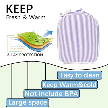 MT WORLD Personalized Lunch Bag Tote Custom Embroidery Name Reusable Seersucker Stripe Pattern Insulated Lunch Box - color: Purple