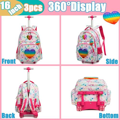 Meetbelify Rolling Backpack for Girls Wheels Backpacks for Elementary Student Kids Wheeled Trolley Trip Luggage for Teen Girls with Lunch Box Pencil Case - color: 01 Love