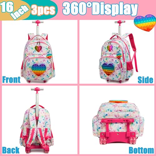 Meetbelify Rolling Backpack for Girls Wheels Backpacks for Elementary Student Kids Wheeled Trolley Trip Luggage for Teen Girls with Lunch Box Pencil Case - color: 01 Love