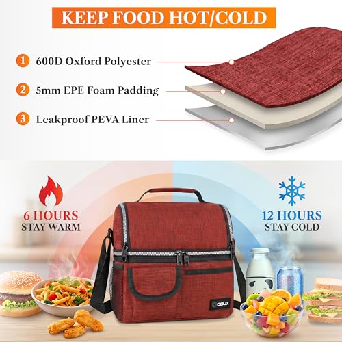 opux Insulated Lunch Bag Women Men, Dual Compartment Leakproof Lunch Box Adults Kids, Double Decker Meal Prep Bento Lunch Cooler Tote with Shoulder Strap for Work Office School Travel, Red - color: Heather Red