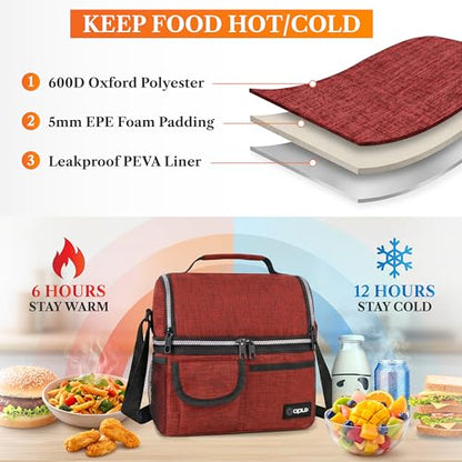 opux Insulated Lunch Bag Women Men, Dual Compartment Leakproof Lunch Box Adults Kids, Double Decker Meal Prep Bento Lunch Cooler Tote with Shoulder Strap for Work Office School Travel, Red - color: Heather Red