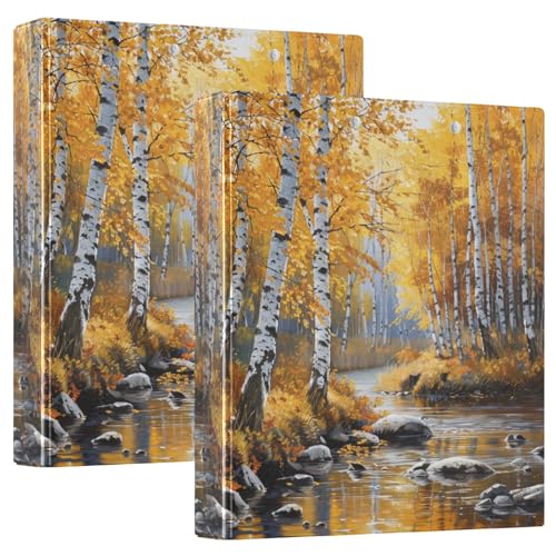 Autumn Birch Forest Stream Landscape 3 Ring Binder 1.5" Decorative D-Ring Binder with Clipboard&3 Clear Pockets, Holds 200 Sheets A4 Size Paper Waterproof Binders for School Home Office|2 Pack - color: Autumn Birch Forest Stream, size: 12.4x10.63x2.36 Inc