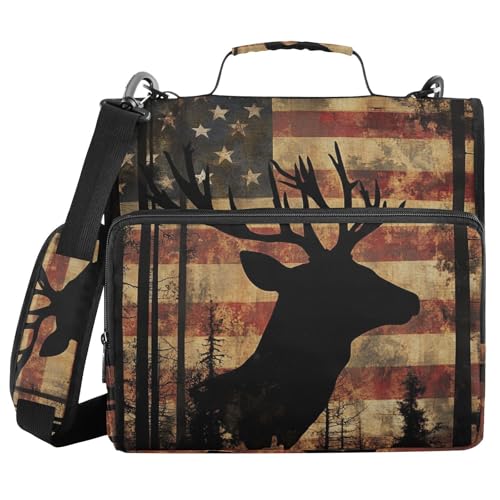 Zipper Binder Deer camo America Flag Moose Decor Trapper Keeper 3 Ring Binder Bag Multiple Pockets & Storage Organizer, 500 Sheet Capacity with Shoulder Strap - color: Multi-deer Vintage