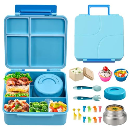 JSLOVE Bento Lunch Box with Leak Proof Thermos Food Jar for Kids, Food Lunch Containers for Boys with 4 Compartments, BPA-Free with Utensils, Food Picks, Sauce Jar & Silicone Lunch Box Dividers - color: Blue