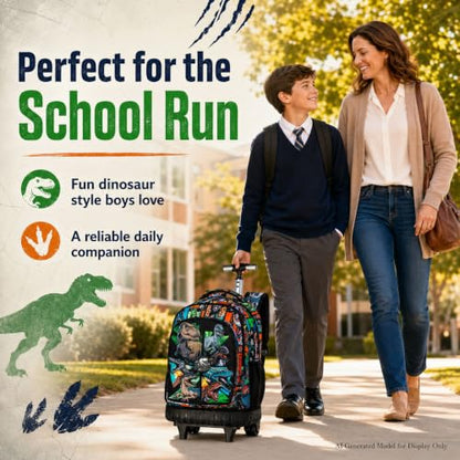 WZLVO 3PCS Rolling School Backpack, Water Resistance Roller Bookbag for Boys, Wheeled Bag Set with Lunch Box & Pencil Bag for Teens & Kids - Dinosaur Gathering