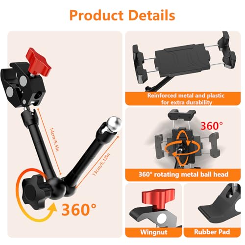 Multi-Scene Universal Tablet Stand, 360° Adjustable Phone Holder for Desk, Metal Crab Clamp with Sturdy Aluminum Arm for 4.7"-13.5" Kindle, iPad Pro/Air/Mini, iPhone, for Stroller Treadmill Golf Cart