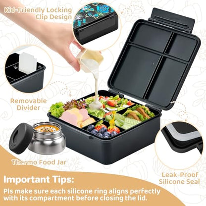 JSLOVE Bento Lunch Box with Leak Proof Thermos Food Jar for Kids, Food Lunch Containers for Boys with 4 Compartments, BPA-Free with Utensils, Food Picks, Sauce Jar & Silicone Lunch Box Dividers - color: Game Consoles