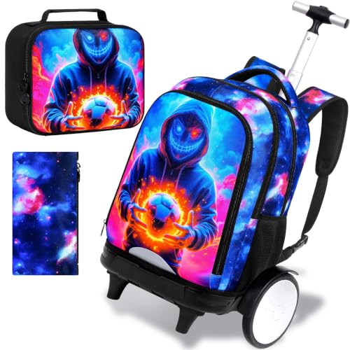 KLFVB Big Quiet-Glide Wheels Boys Backpack, 3-in-1 Rolling Bookbag Set with Lunch Bag | Water-Resistant Roller Bag for Kids, School, Travel, Play - Devil Soccer - color: Rolling Backpack with Big Wheels - Devil Soccer