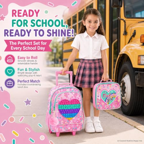 WZLVO 4PCS Love Rolling Backpack for Girls - Cute Wheeled School Set with Lunch Box,Water Resistant Roller School Backpack on Wheels for Elementary Kids Travel - color: Girls Rolling Backpack - Popular Heart