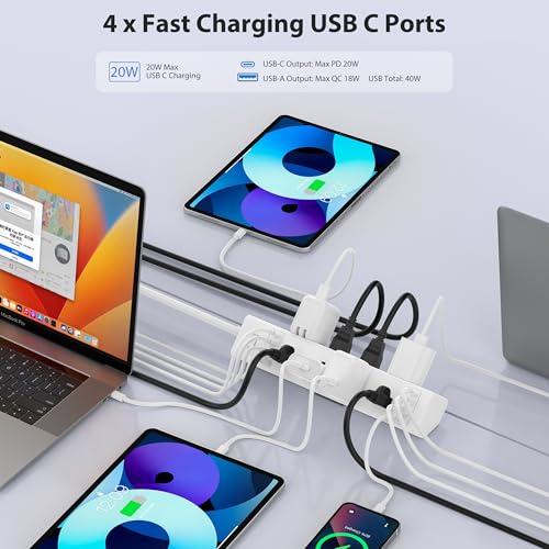 Jgstkcity Desk Clamp Power Strip 40W USB C,8 Outlets,8 USB,6FT,White | 40W Fast Charging Station,4 USB-C,4 USB-A,Furniture Nightstand Edge Mount Surge Protector, Fits 1.9" Tabletop Edge - color: White, size: 6FT Length