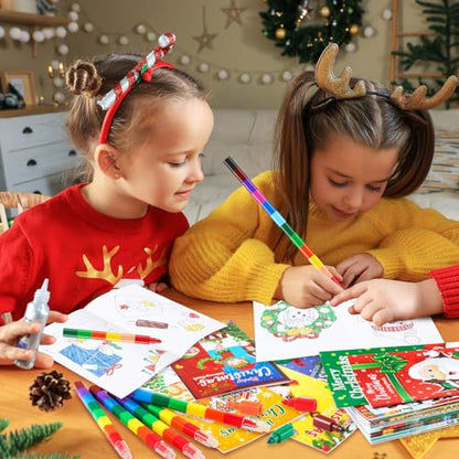 BenLouis 24 Christmas Mini Coloring Books Kids with 24 Stacking Crayons Xmas Theme Party Favors Activity Books Bulk for Kids Holiday Birthday Goodie Bag Gift Stuffer Classroom Reward - style: Christmas