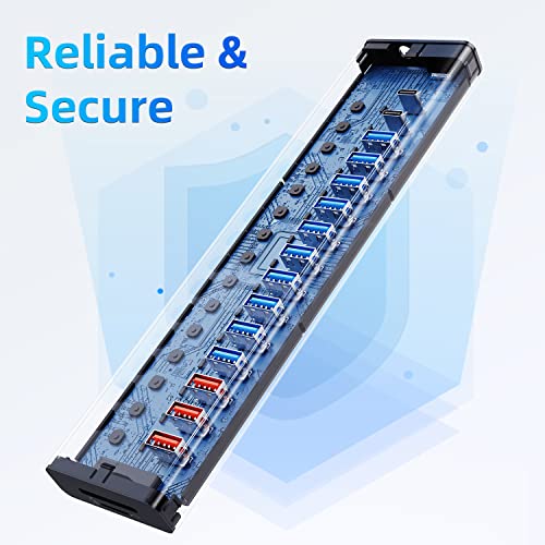 VANGREE Powered USB Hub 10Gbps, 17 Ports USB 3.2 Hub, 96W Power Adapter | 10 USB-A 3.2, 3 QC 24W Fast Charging, 2 USB-C 3.2, SD/TF, 12V/8A Power Adapter for Laptop, PC, Computer, HDD, Flash Drive - color: Silver
