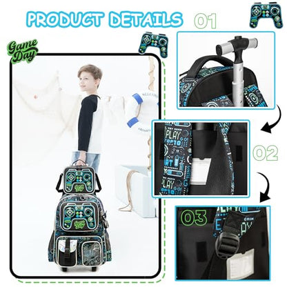 Rolling Backpack Boys Kids Backpacks with Wheels 3PCS School Back Pack with Lunch Box Bookbag Preschool Senior Kid Year Book Bag Kindergarten Gamepad - color: Gamepad