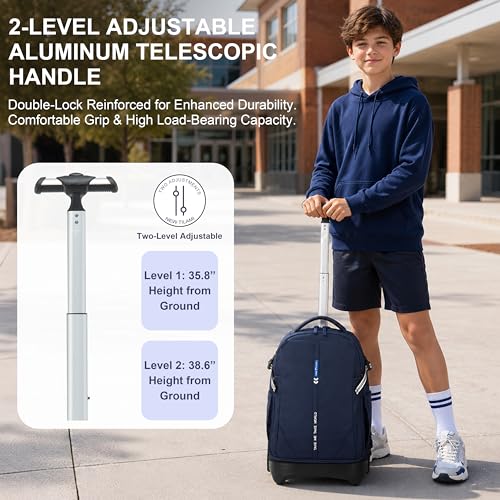 NEW TILAMI 18 Inch Expandable Rolling Backpack with 6-Wheel Stair Climbing, Waterproof Wheeled School Bag with 15.6" Laptop Sleeve for Boys Girls, Carry-on Luggage 98cm Dual-Height Handle - Navy Blue - color: Navy Blue